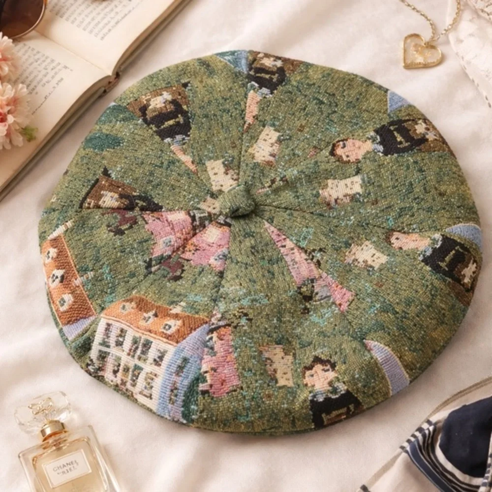 Parisian Tapestry Beret | Artistic Vintage Style Hat | European Village Print